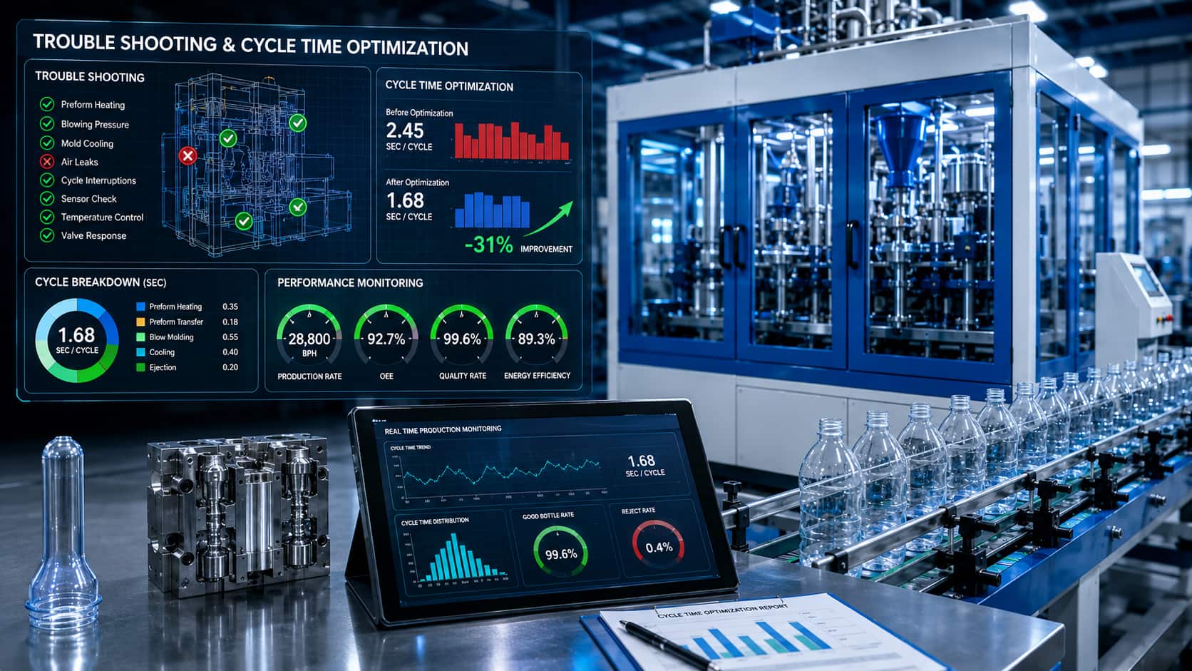 Process cycle optimisation for stretch blow moulding